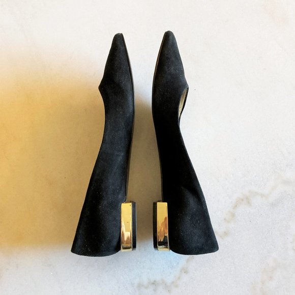New! Tahari Eda black suede pointed toe flats / shoes with gold trim, block heel - Picture 9 of 13